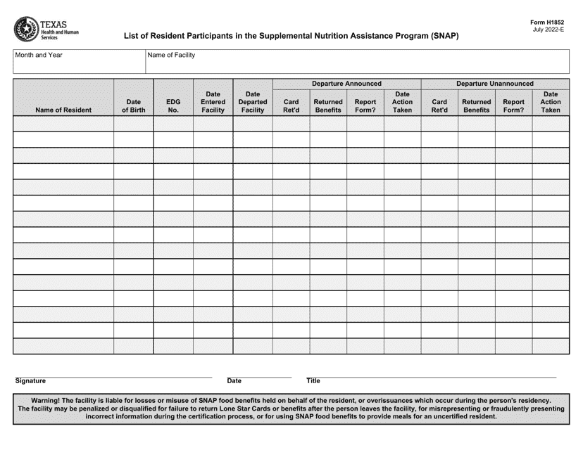 Form H1852 List of Resident Participants in the Supplemental Nutrition Assistance Program (Snap) - Texas