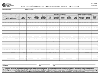 Form H1852 List of Resident Participants in the Supplemental Nutrition Assistance Program (Snap) - Texas