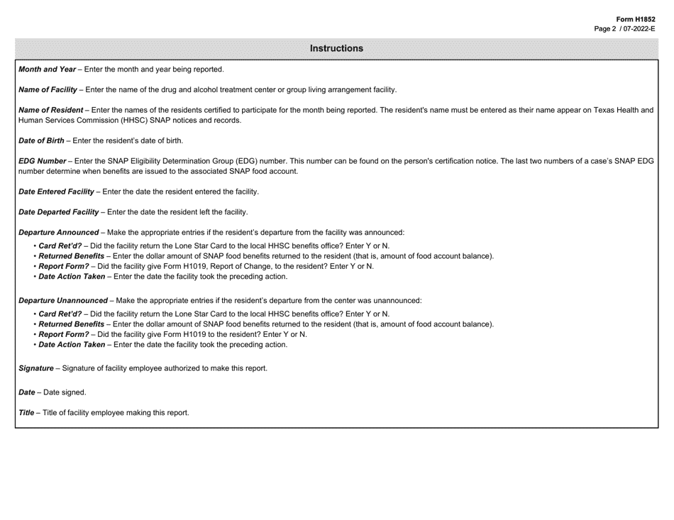 Form H1852 List of Resident Participants in the Supplemental Nutrition Assistance Program (Snap) - Texas, Page 2