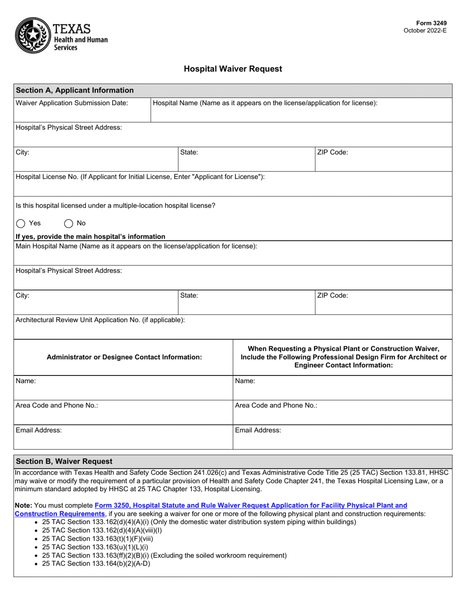 Form 3249 Hospital Waiver Request - Texas, Page 1