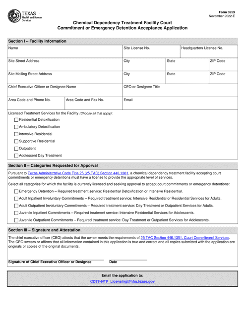 Form 3259 Chemical Dependency Treatment Facility Court Commitment or Emergency Detention Acceptance Application - Texas