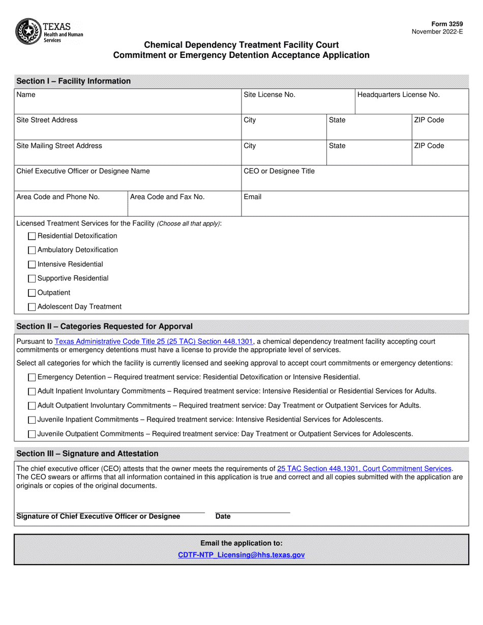 Form 3259 Chemical Dependency Treatment Facility Court Commitment or Emergency Detention Acceptance Application - Texas, Page 1