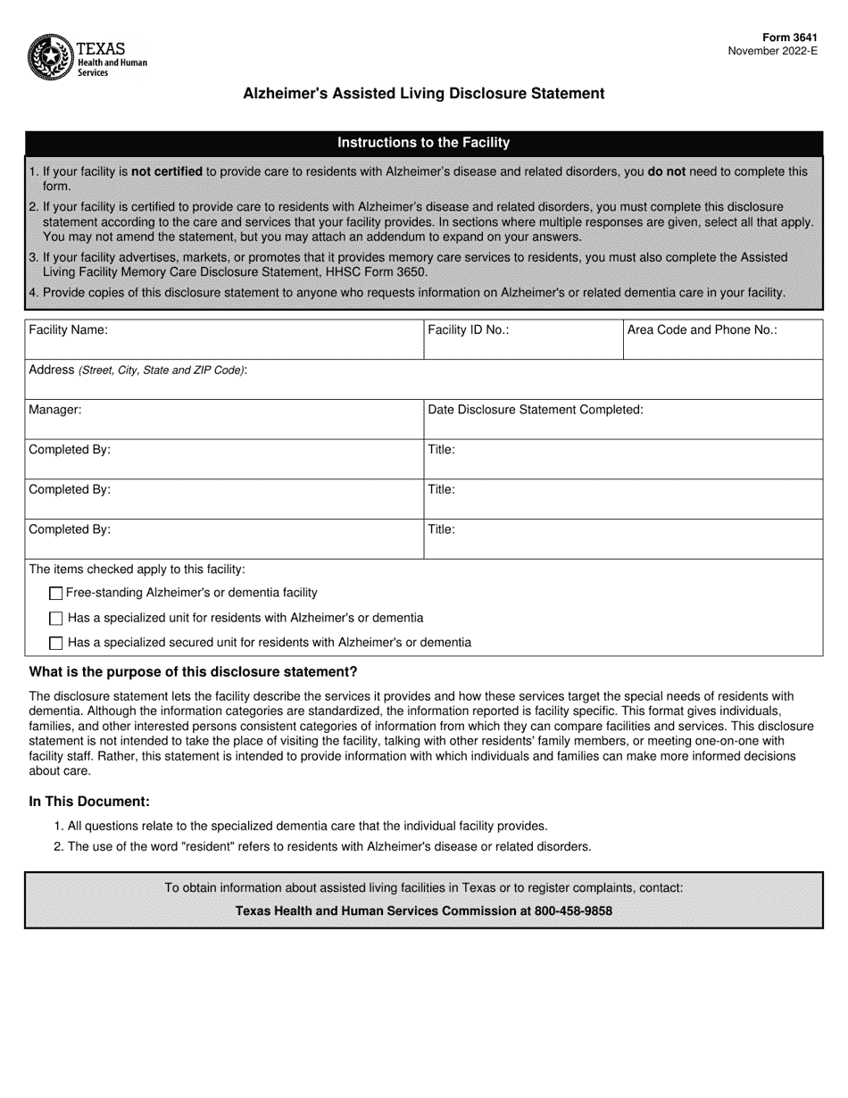 Form 3641 Alzheimers Assisted Living Disclosure Statement - Texas, Page 1