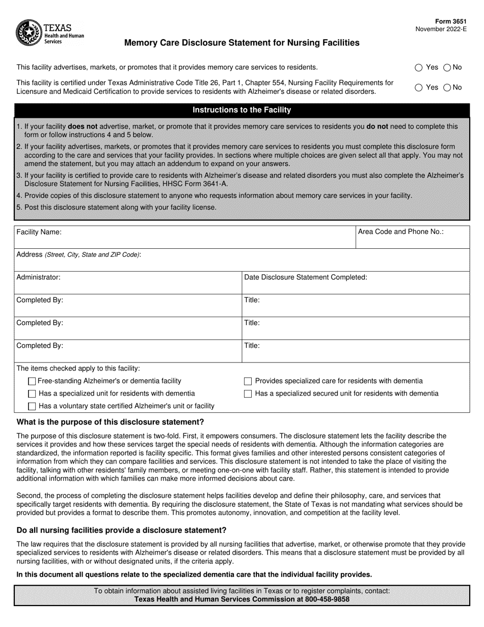 Form 3651 Memory Care Disclosure Statement for Nursing Facilities - Texas, Page 1