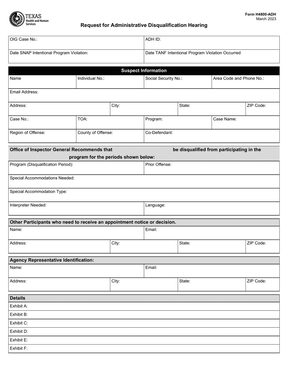 Form H4800-ADH Request for Administrative Disqualification Hearing - Texas, Page 1