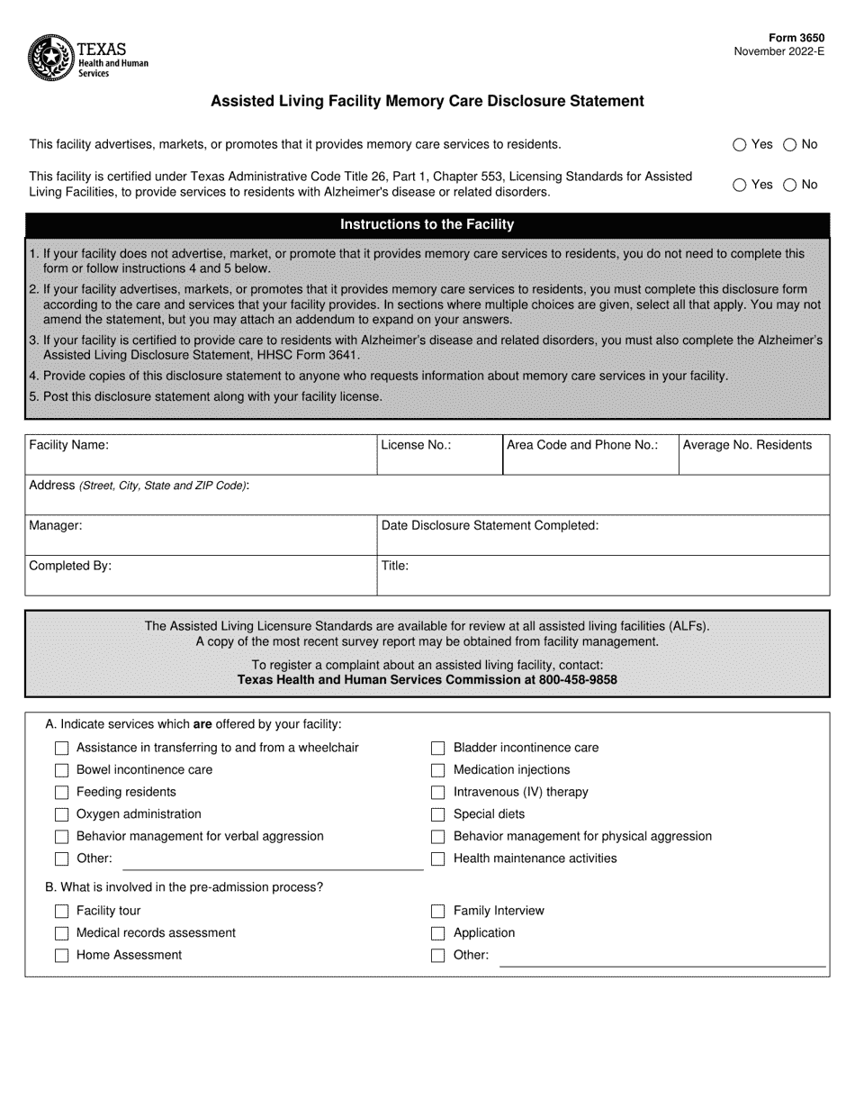 Form 3650 Assisted Living Facility Memory Care Disclosure Statement - Texas, Page 1