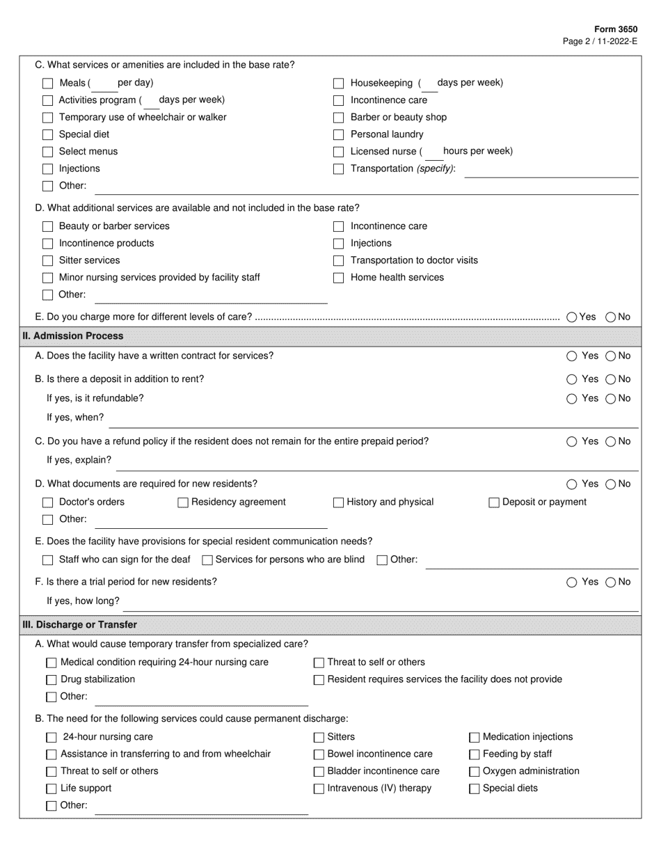 Form 3650 Assisted Living Facility Memory Care Disclosure Statement - Texas, Page 2