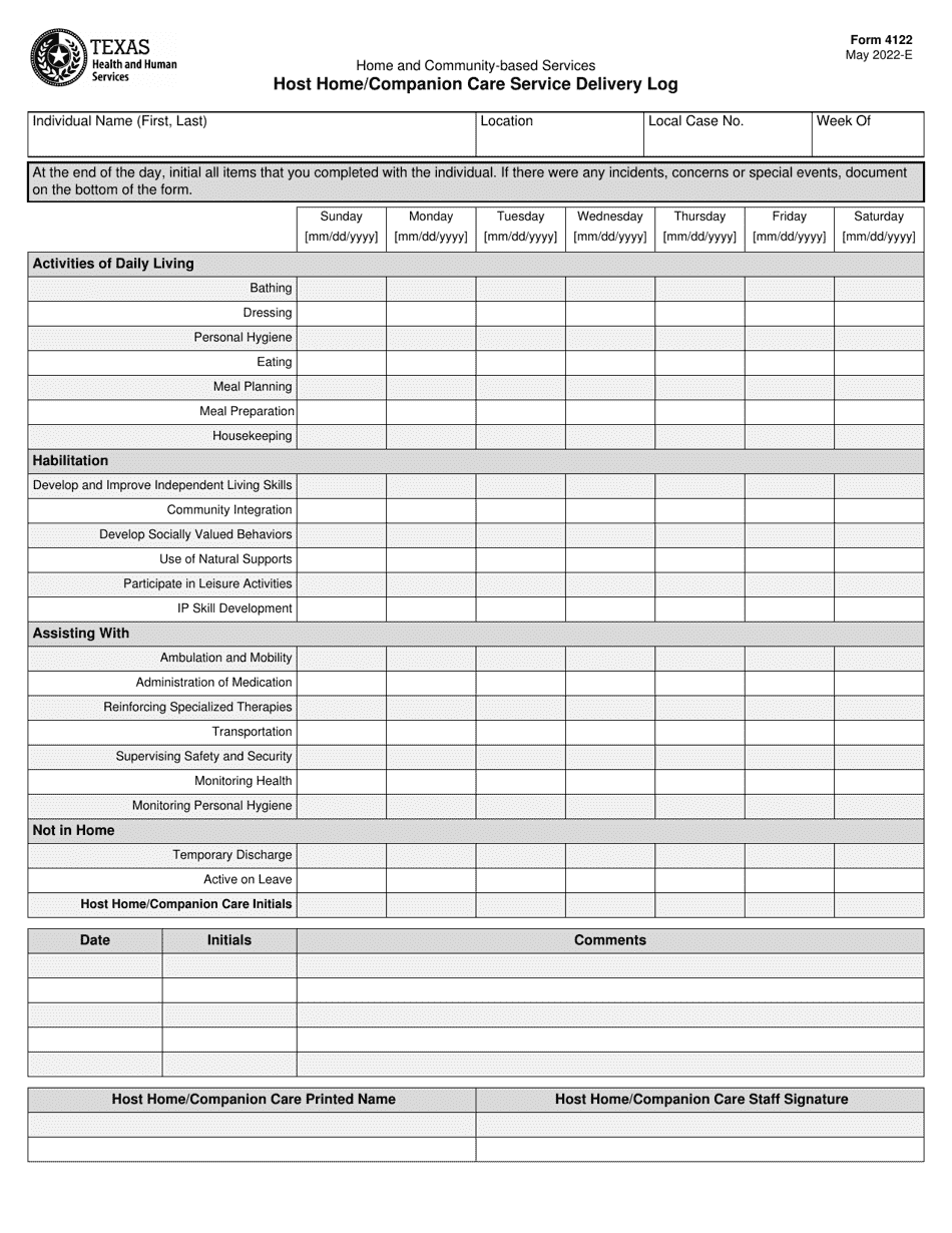 Form 4122 Host Home / Companion Care Service Delivery Log - Texas, Page 1