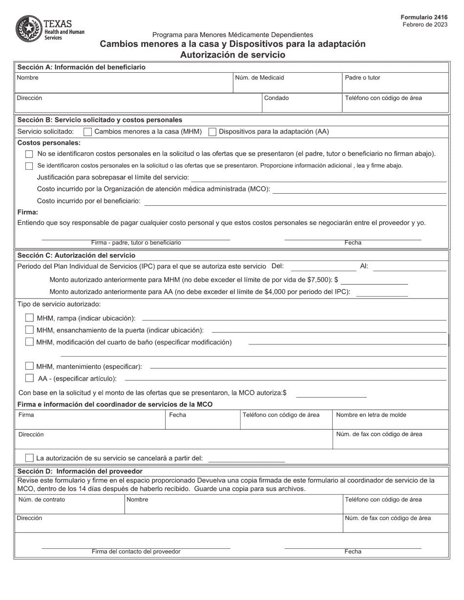 Formulario 2416-S Cambios Menores a La Casa Y Dispositivos Para La Adaptacion Autorizacion De Servicio - Texas (Spanish), Page 1