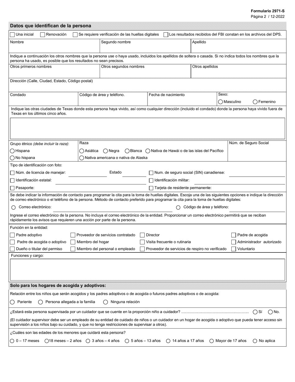 Formulario 2971-S Regulacion De Proveedores De Cuidado Infantil Solicitud De Investigacion De Antecedentes - Texas (Spanish), Page 2