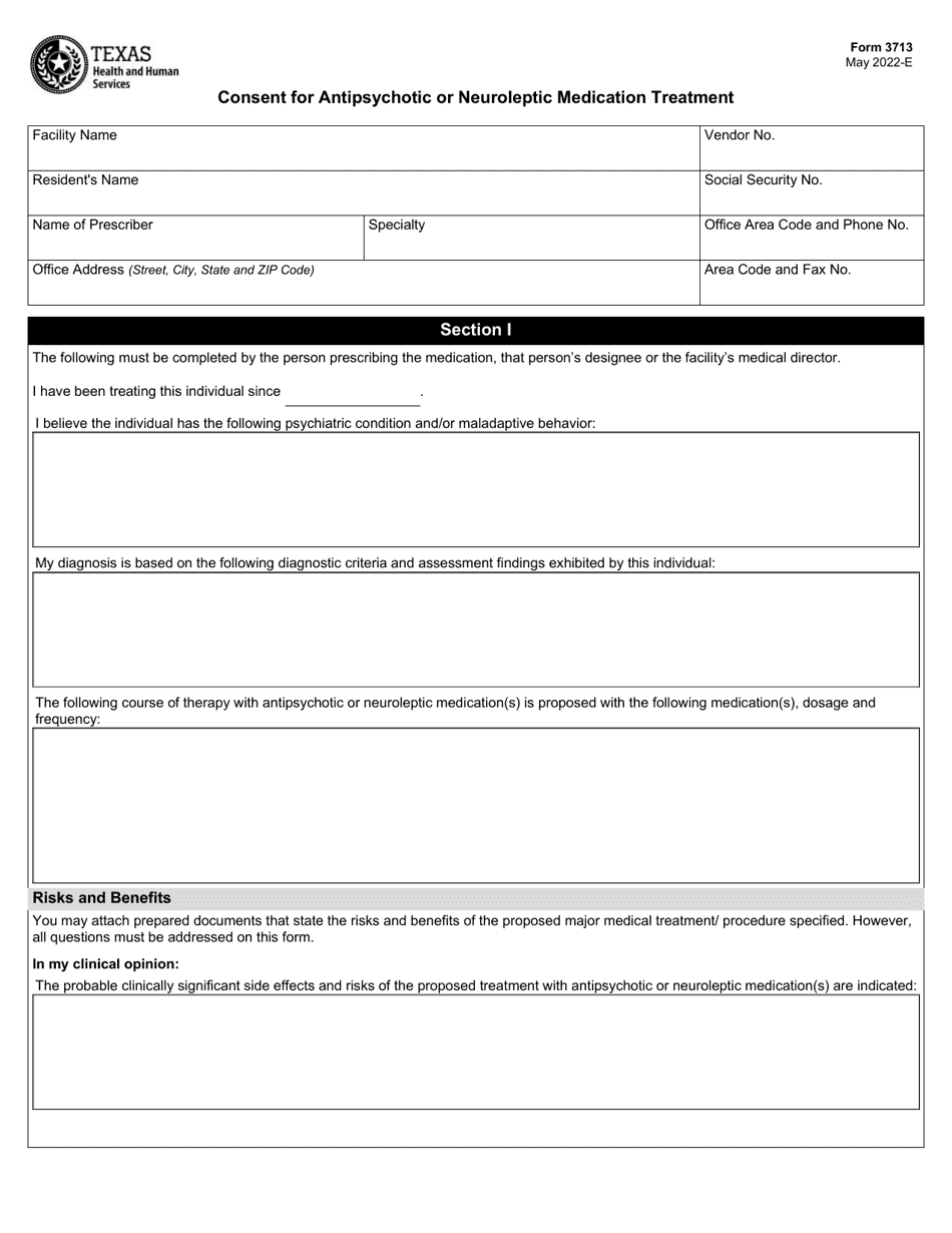 Form 3713 Consent for Antipsychotic or Neuroleptic Medication Treatment - Texas, Page 1