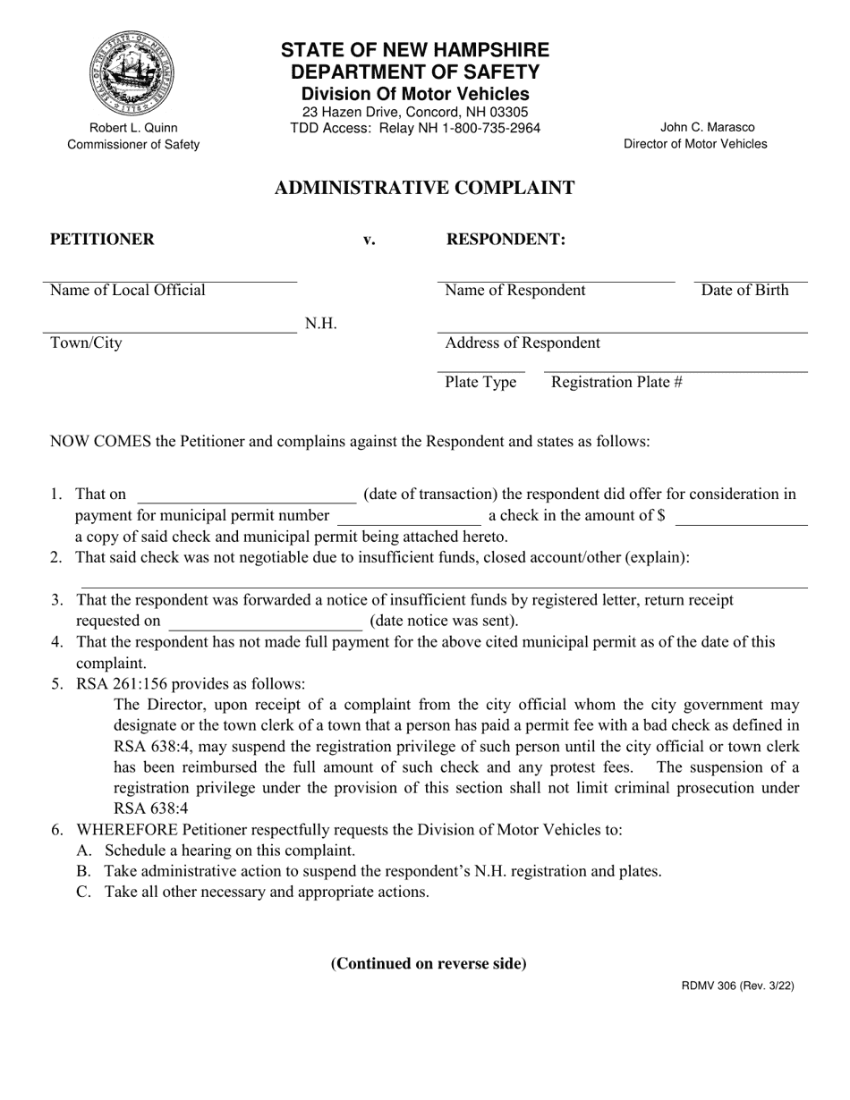 Form RDMV306 Administrative Complaint - New Hampshire, Page 1