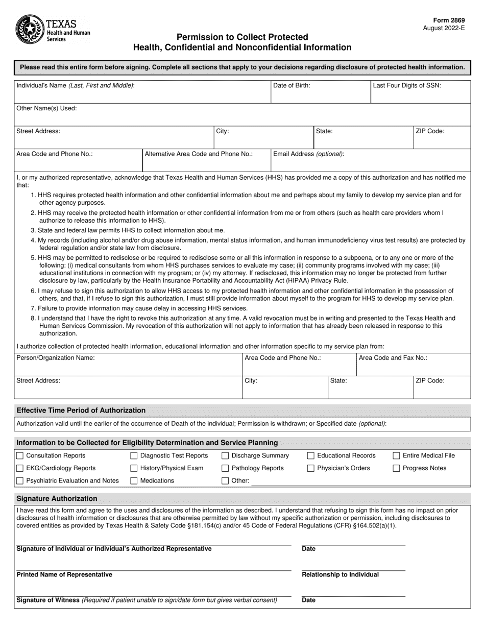 Form 2869 Permission to Collect Protected Health, Confidential and Nonconfidential Information - Texas, Page 1