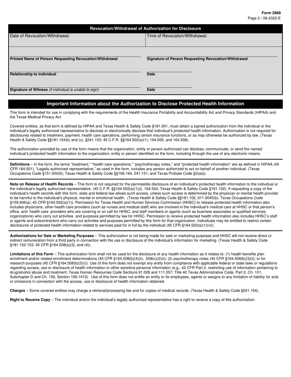 Form 2869 Permission to Collect Protected Health, Confidential and Nonconfidential Information - Texas, Page 2