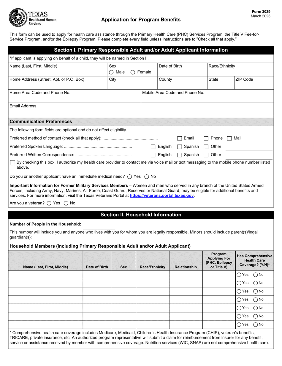 Form 3029 Application for Program Benefits - Texas, Page 1