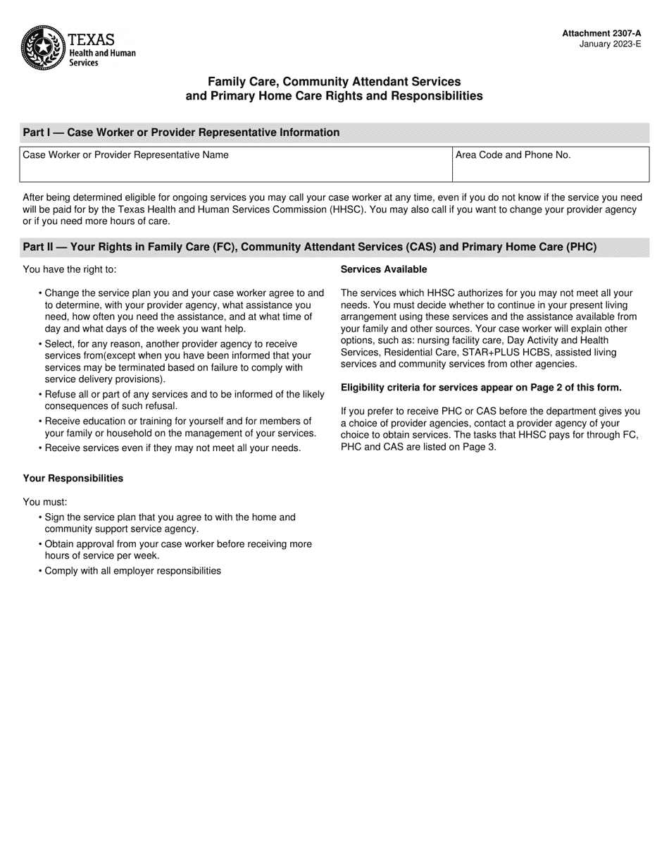 Attachment 2307-A Family Care, Community Attendant Services and Primary Home Care Rights and Responsibilities - Texas, Page 1