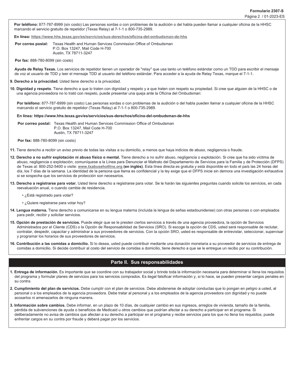 Formulario 2307-S Derechos Y Responsabilidades - Texas (Spanish), Page 2