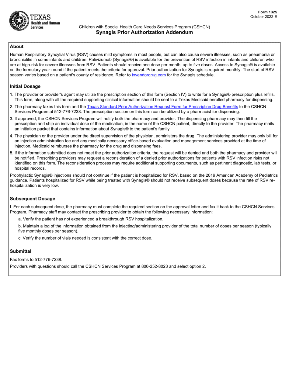 Form 1325 Synagis Prior Authorization Addendum - Texas, Page 1