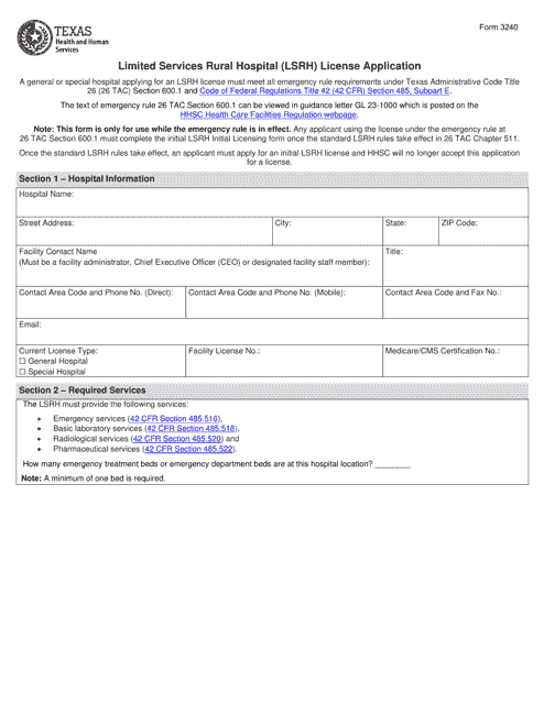 Form 3240 Limited Services Rural Hospital (Lsrh) License Application - Texas