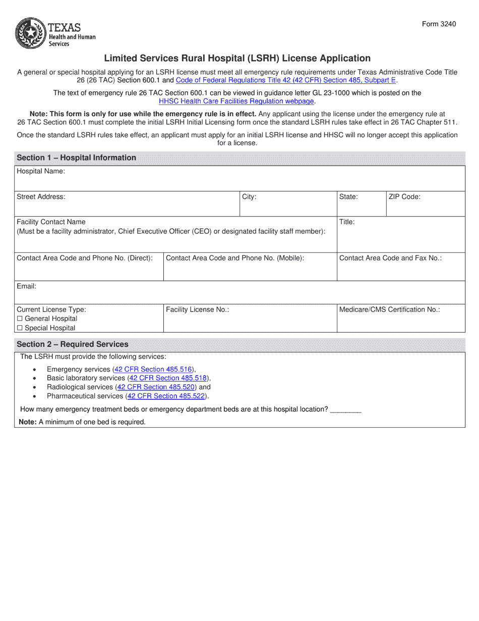 Form 3240 Limited Services Rural Hospital (Lsrh) License Application - Texas, Page 1