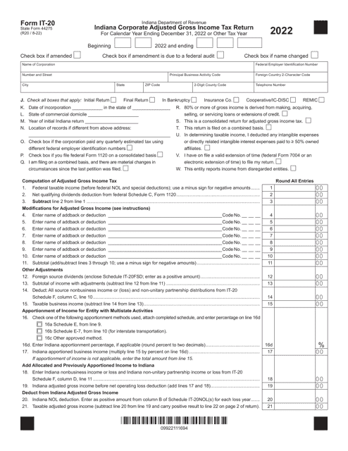 Form IT-20 (State Form 44275) Indiana Corporate Adjusted Gross Income Tax Return - Indiana, 2022