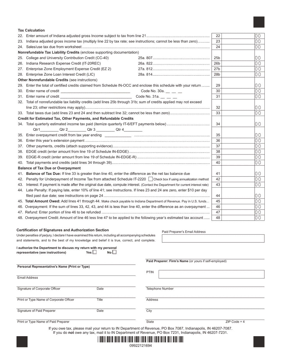 Form IT-20 (State Form 44275) Indiana Corporate Adjusted Gross Income Tax Return - Indiana, Page 2