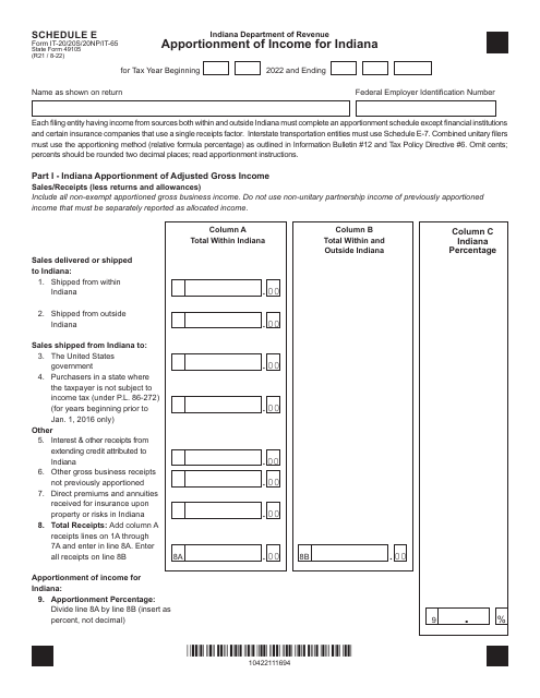 Form IT-20 (IT-20S; IT-20NP; IT-65; State Form 49105) Schedule E  Printable Pdf