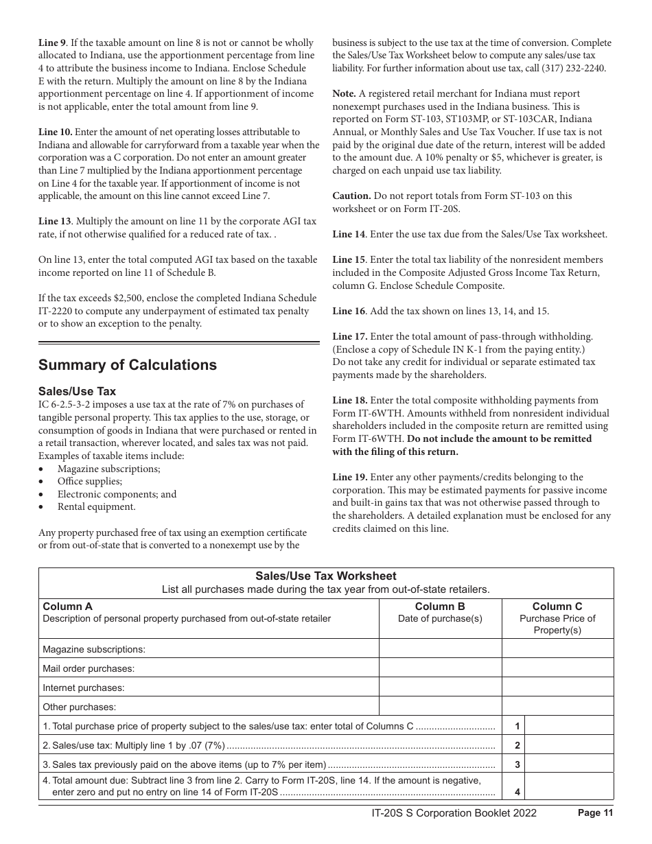 Instructions for Form IT-20S, State Form 10814 Indiana S Corporation Income Tax Return - Indiana, Page 11