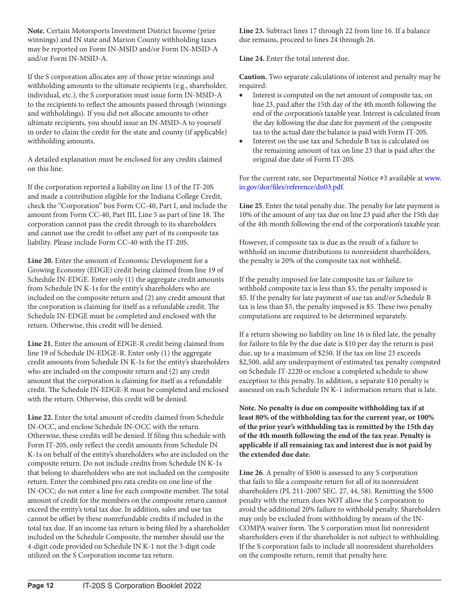 Instructions for Form IT-20S, State Form 10814 Indiana S Corporation Income Tax Return - Indiana, Page 12