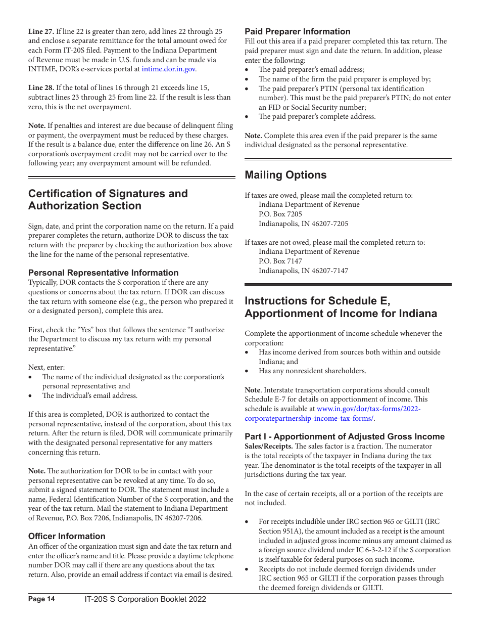 Instructions for Form IT-20S, State Form 10814 Indiana S Corporation Income Tax Return - Indiana, Page 14