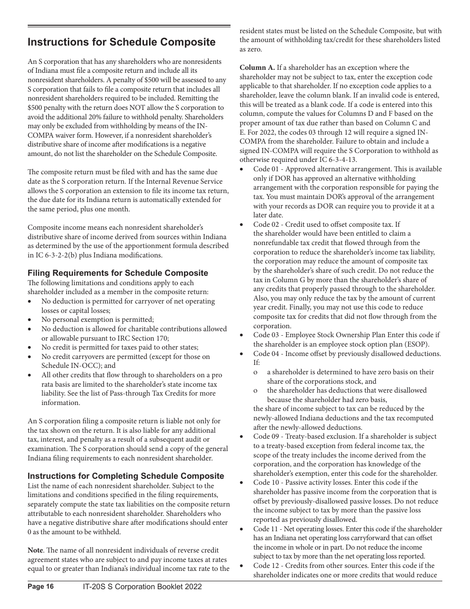 Instructions for Form IT-20S, State Form 10814 Indiana S Corporation Income Tax Return - Indiana, Page 16