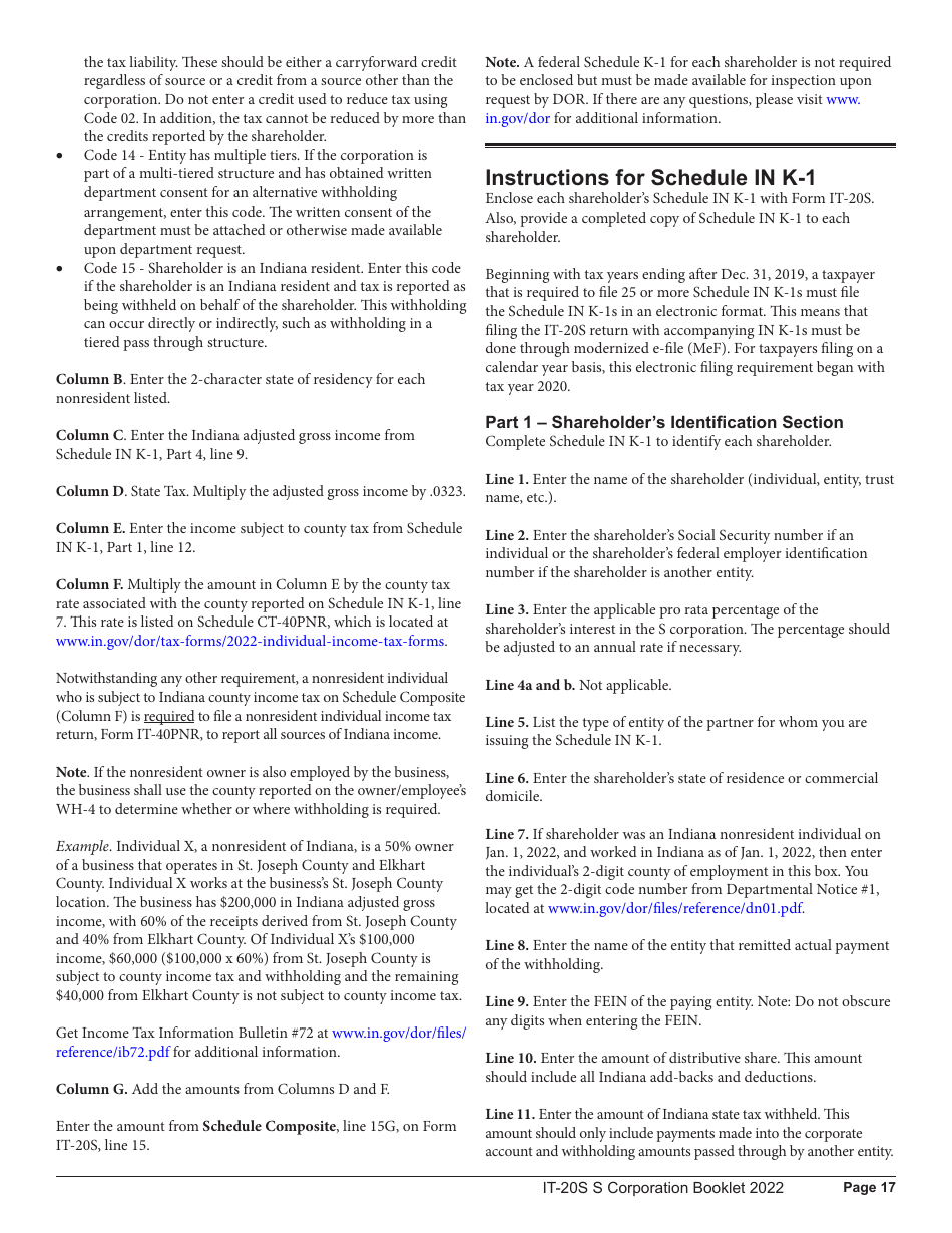 Instructions for Form IT-20S, State Form 10814 Indiana S Corporation Income Tax Return - Indiana, Page 17