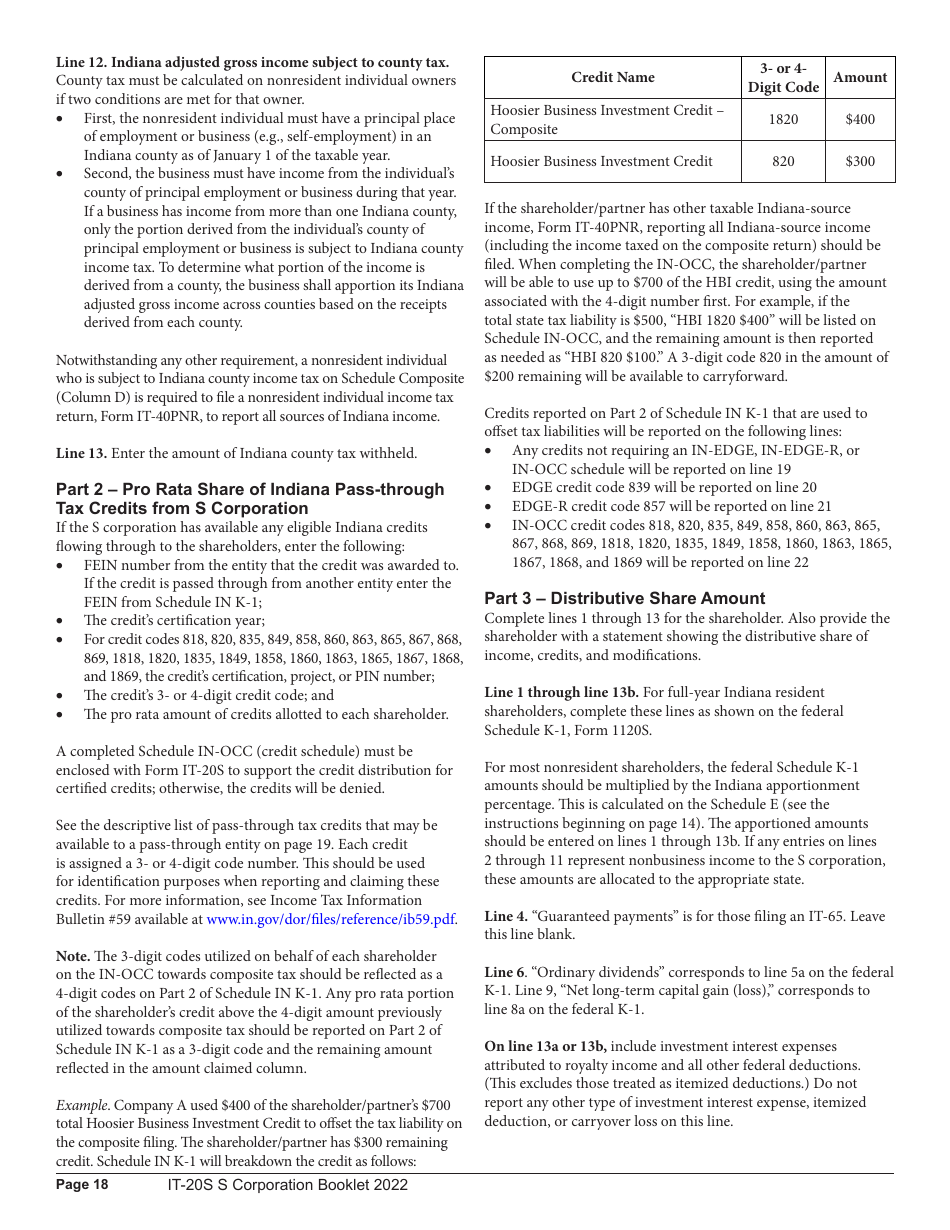 Instructions for Form IT-20S, State Form 10814 Indiana S Corporation Income Tax Return - Indiana, Page 18