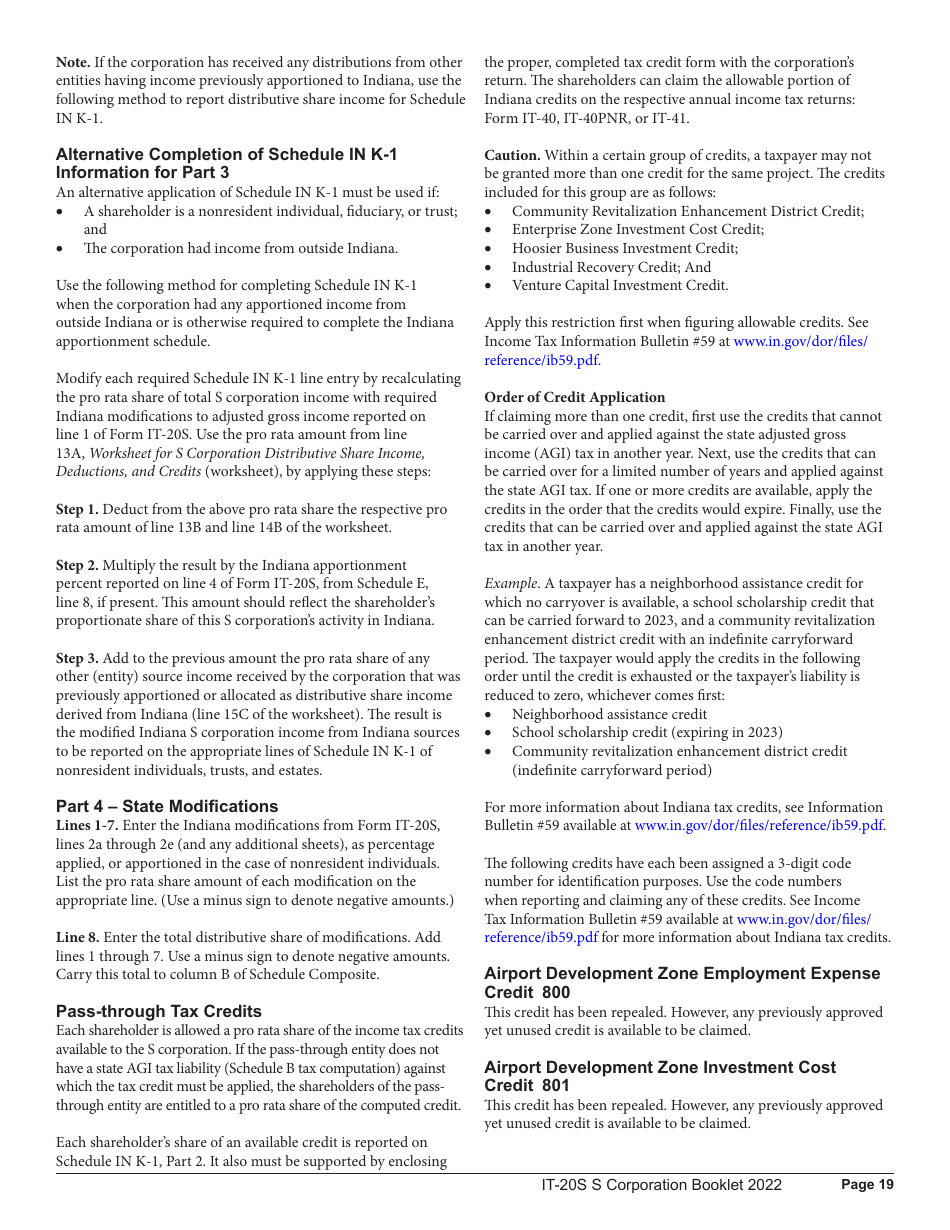 Instructions for Form IT-20S, State Form 10814 Indiana S Corporation Income Tax Return - Indiana, Page 19