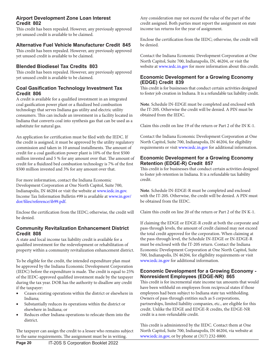 Instructions for Form IT-20S, State Form 10814 Indiana S Corporation Income Tax Return - Indiana, Page 20