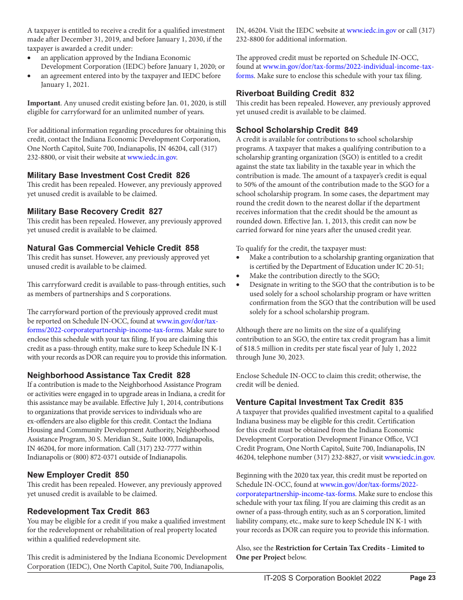 Instructions for Form IT-20S, State Form 10814 Indiana S Corporation Income Tax Return - Indiana, Page 23