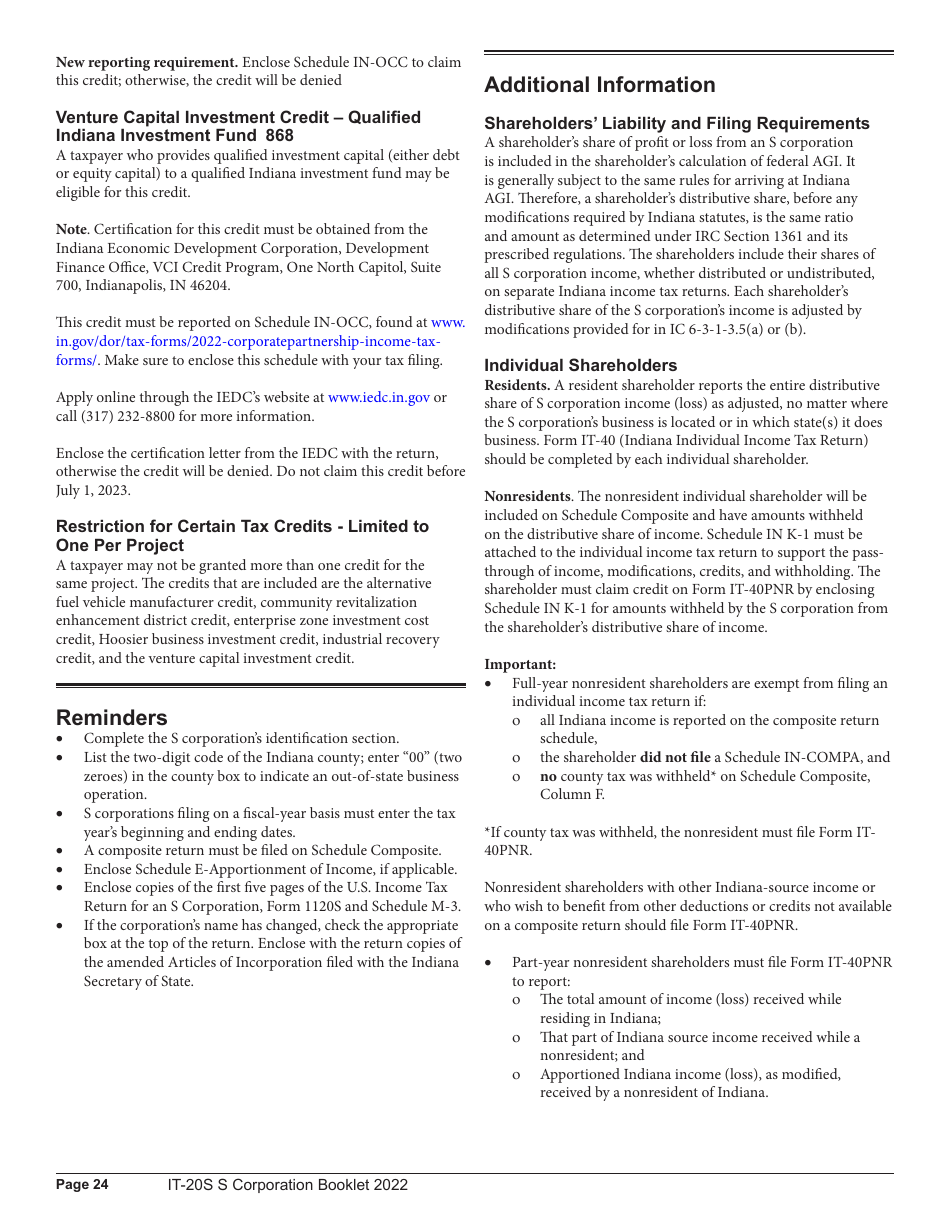 Instructions for Form IT-20S, State Form 10814 Indiana S Corporation Income Tax Return - Indiana, Page 24