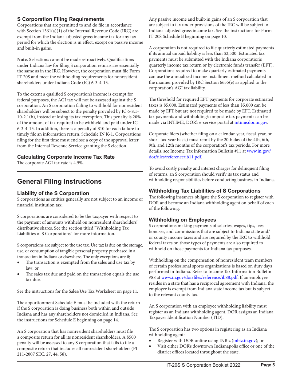 Instructions for Form IT-20S, State Form 10814 Indiana S Corporation Income Tax Return - Indiana, Page 5