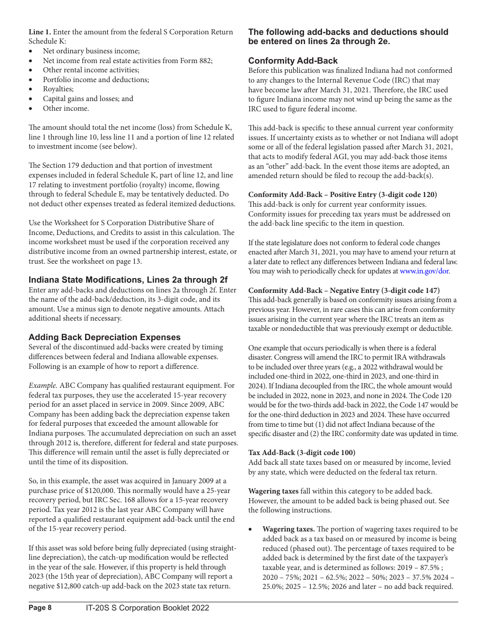 Instructions for Form IT-20S, State Form 10814 Indiana S Corporation Income Tax Return - Indiana, Page 8