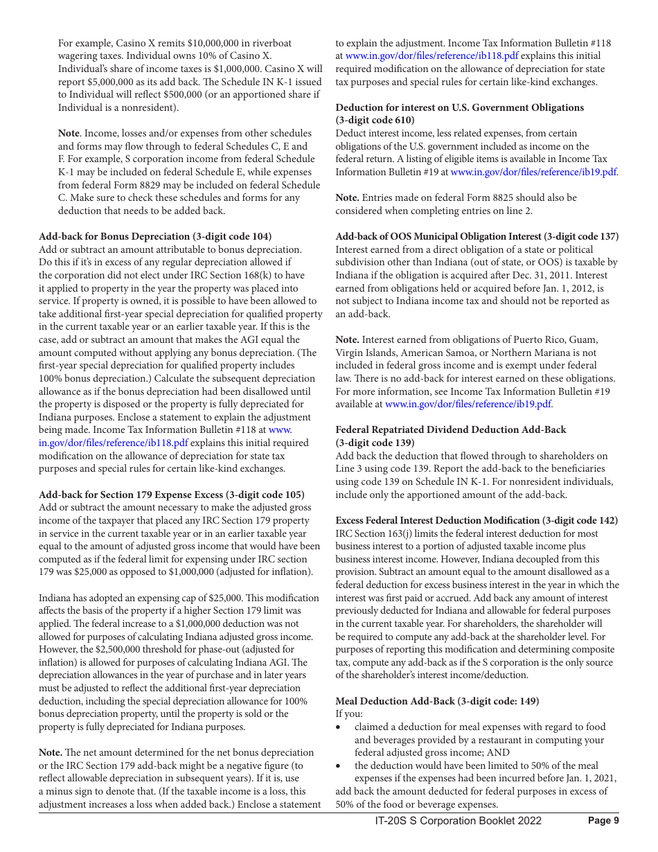 Instructions for Form IT-20S, State Form 10814 Indiana S Corporation Income Tax Return - Indiana, Page 9