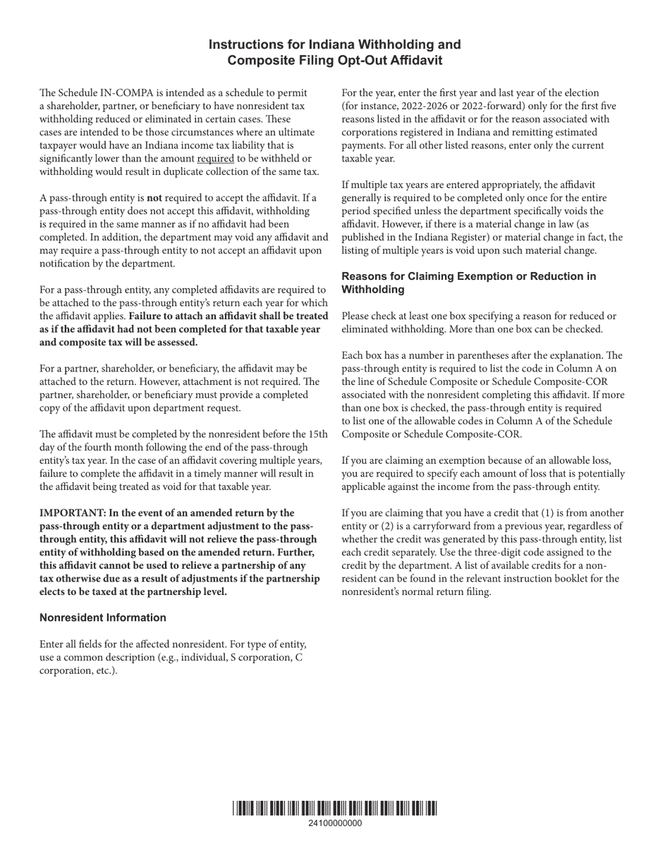 Form 52826 Schedule IN-COMPA Indiana Withholding and Composite Filing Opt-Out Affidavit - Indiana, Page 3