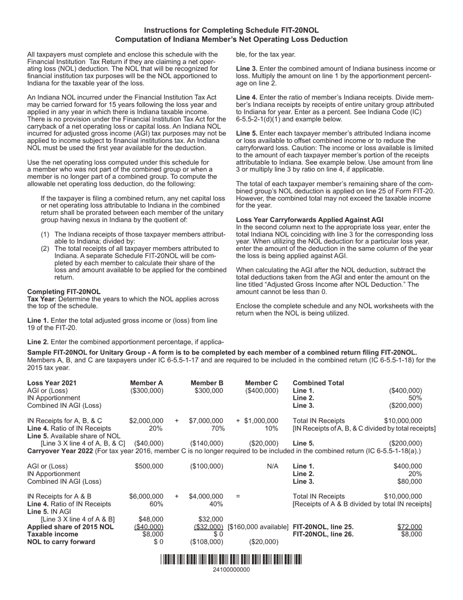 State Form 44624 Schedule FIT-20 NOL Computation of Indiana Members Net Operating Loss Deduction - Indiana, Page 2