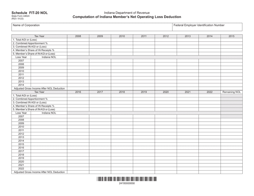 State Form 44624 Schedule FIT-20 NOL  Printable Pdf
