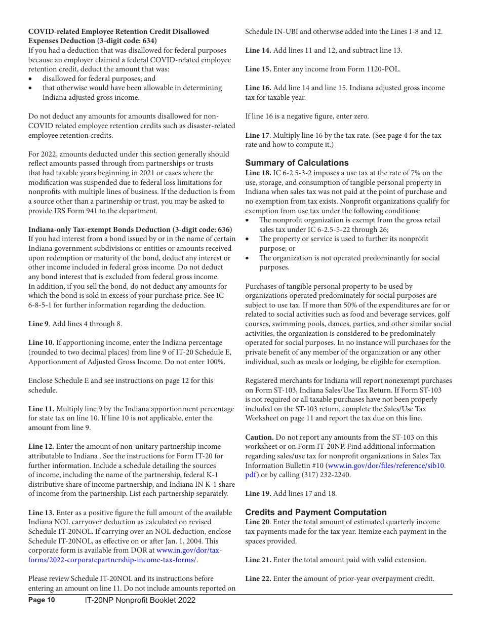 Instructions for Form IT-20NP, State Form 148 Indiana Nonprofit Organization Unrelated Business Income Tax Return - Indiana, Page 10