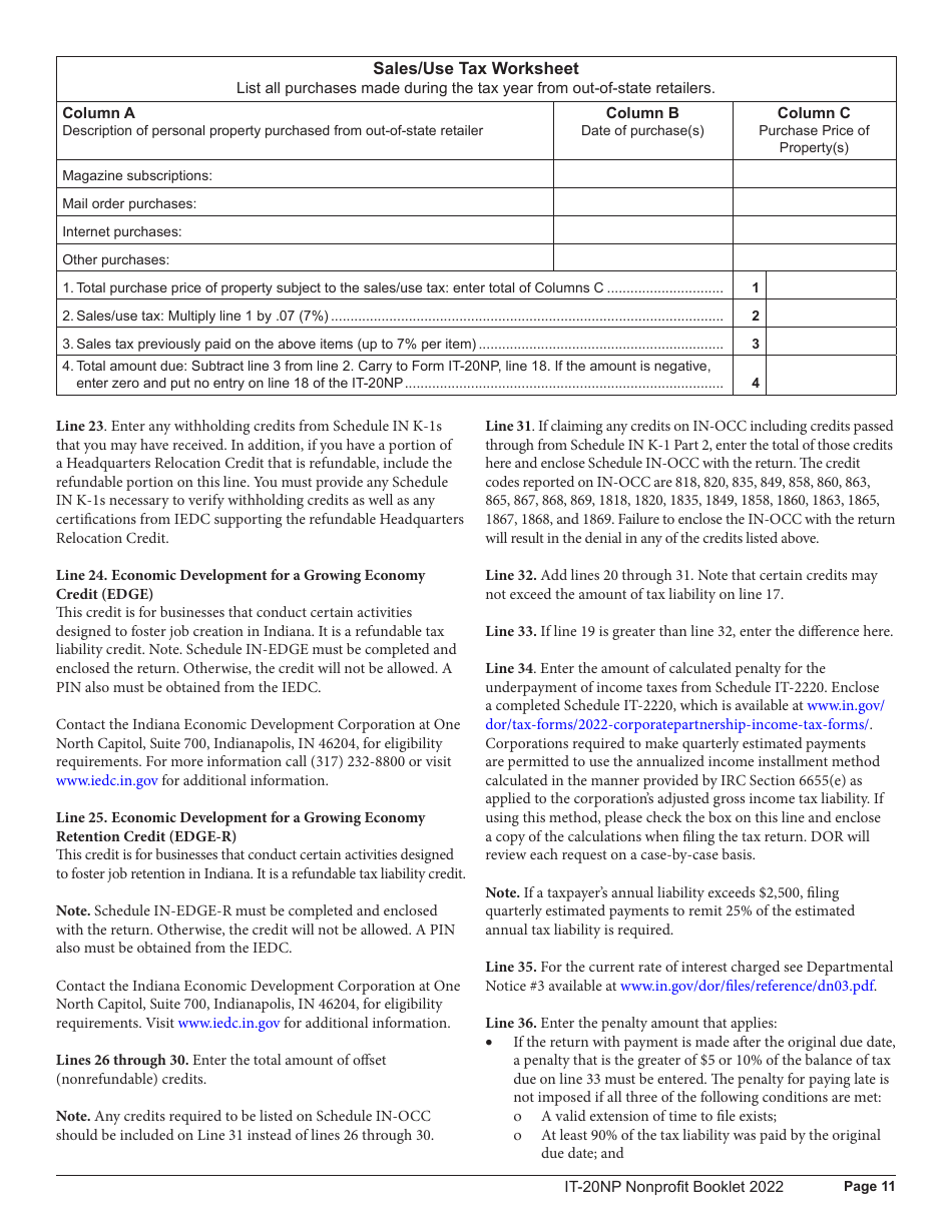 Instructions for Form IT-20NP, State Form 148 Indiana Nonprofit Organization Unrelated Business Income Tax Return - Indiana, Page 11