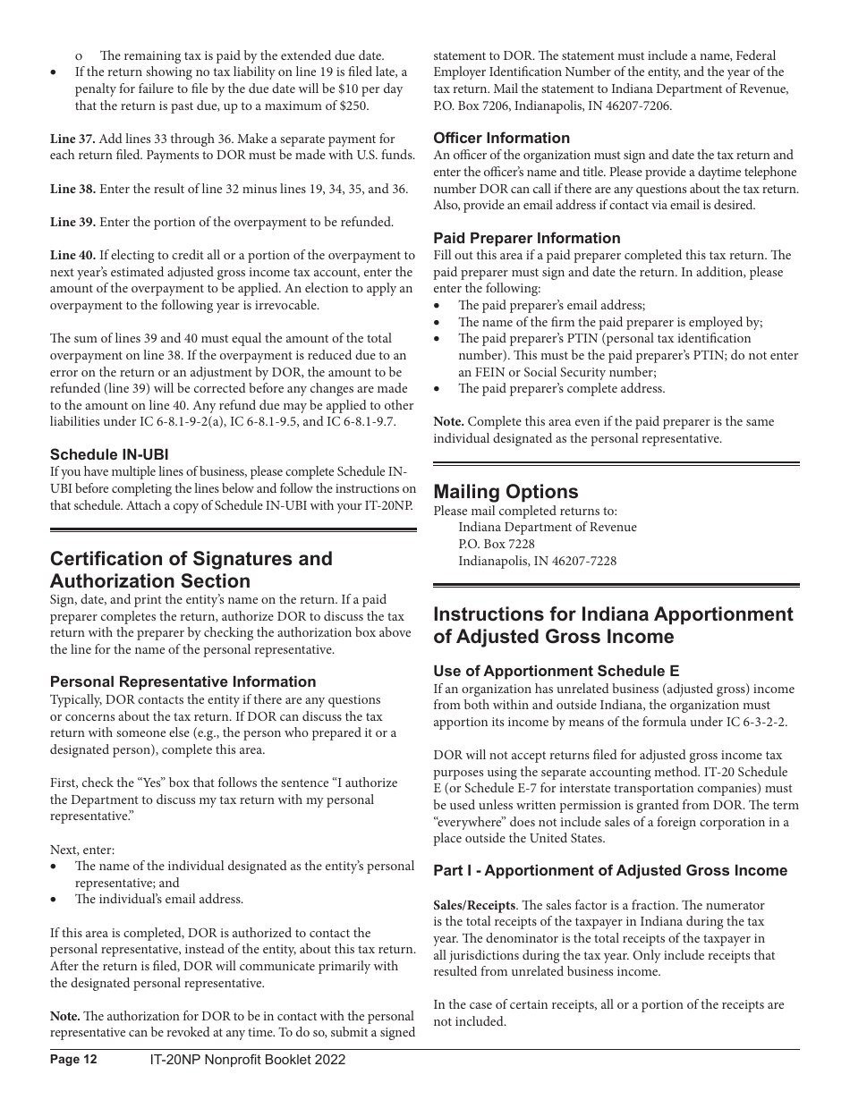 Instructions for Form IT-20NP, State Form 148 Indiana Nonprofit Organization Unrelated Business Income Tax Return - Indiana, Page 12