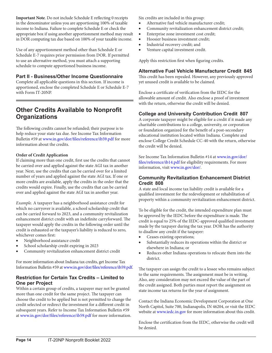 Instructions for Form IT-20NP, State Form 148 Indiana Nonprofit Organization Unrelated Business Income Tax Return - Indiana, Page 14