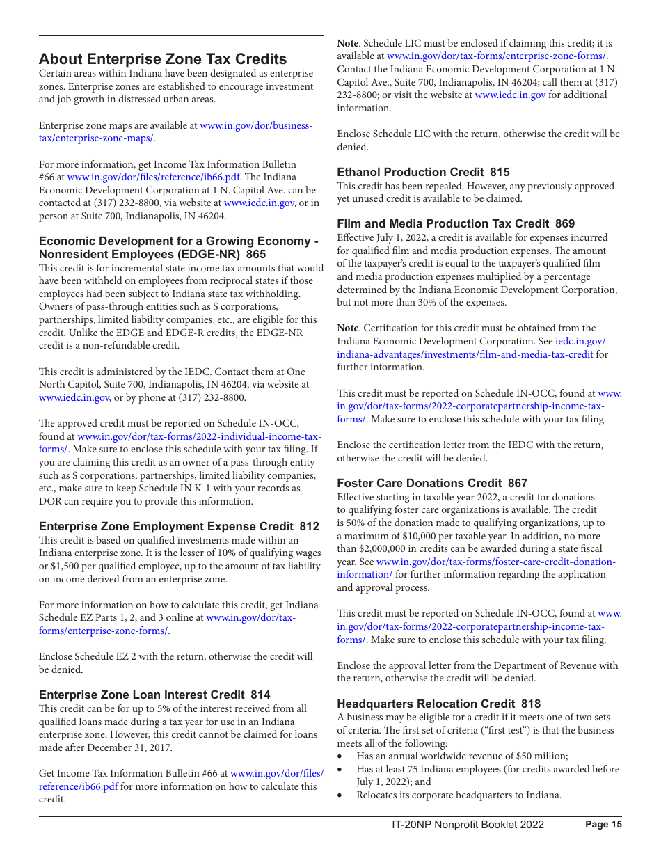 Instructions for Form IT-20NP, State Form 148 Indiana Nonprofit Organization Unrelated Business Income Tax Return - Indiana, Page 15