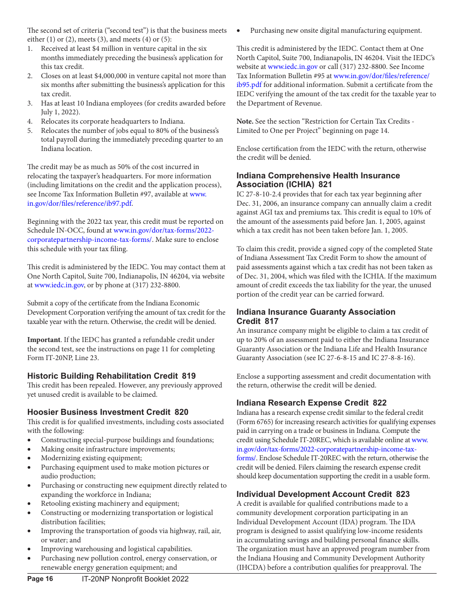 Instructions for Form IT-20NP, State Form 148 Indiana Nonprofit Organization Unrelated Business Income Tax Return - Indiana, Page 16