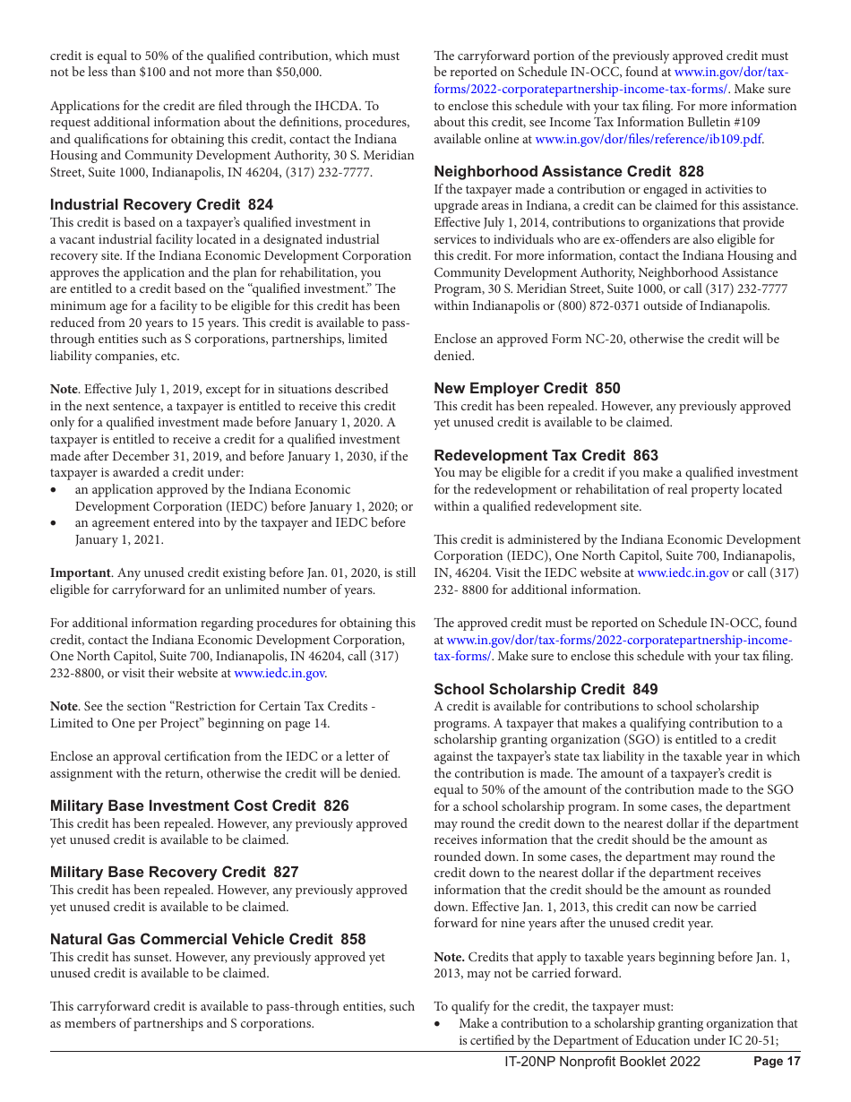 Instructions for Form IT-20NP, State Form 148 Indiana Nonprofit Organization Unrelated Business Income Tax Return - Indiana, Page 17